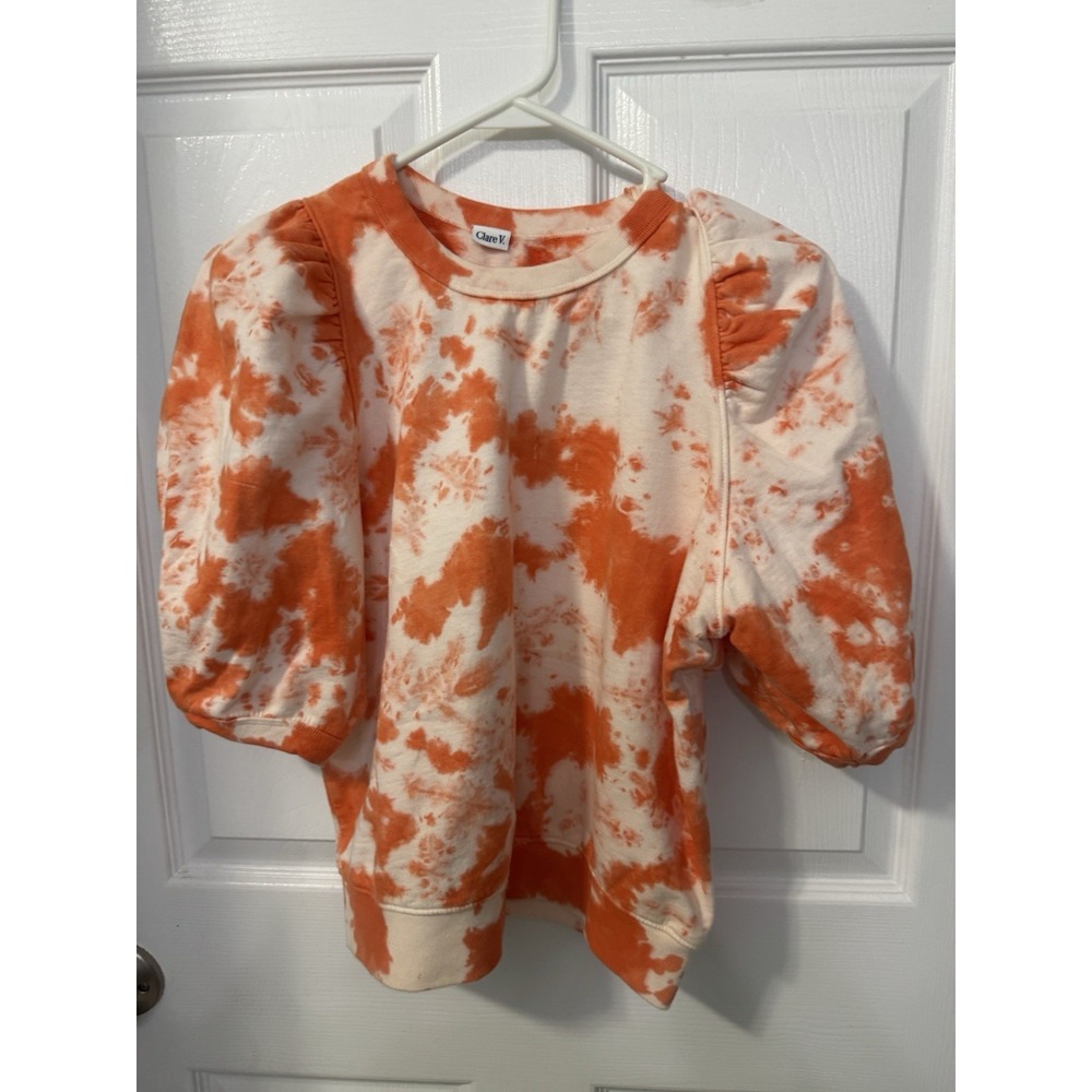 Clare V Sweatshirt Womens Puff Sleeve Orange Tie Dye Pullover Sz S Cozy Boho